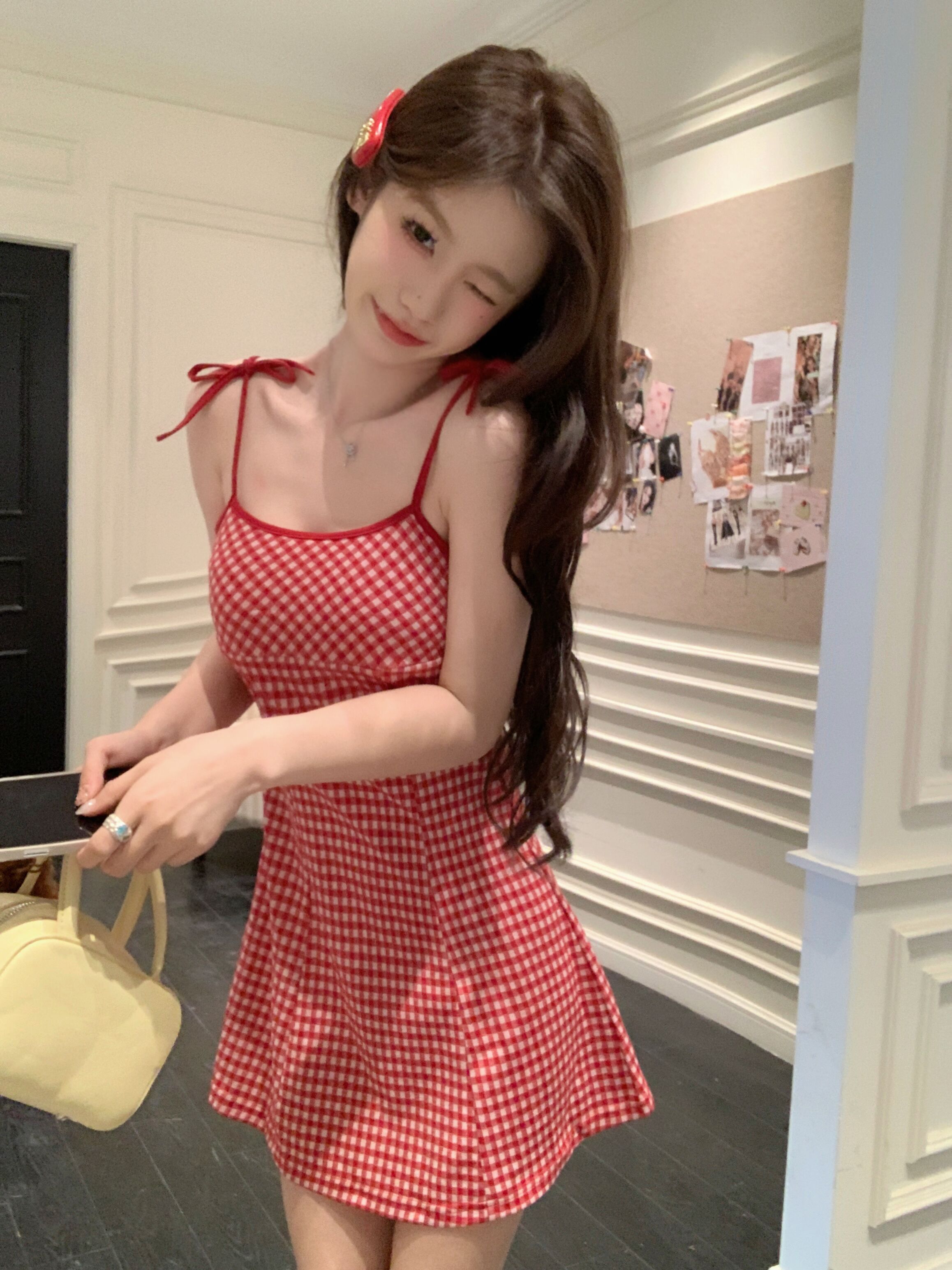 Actual shot of the new sweet and cool strappy red plaid inner layered suspender dress