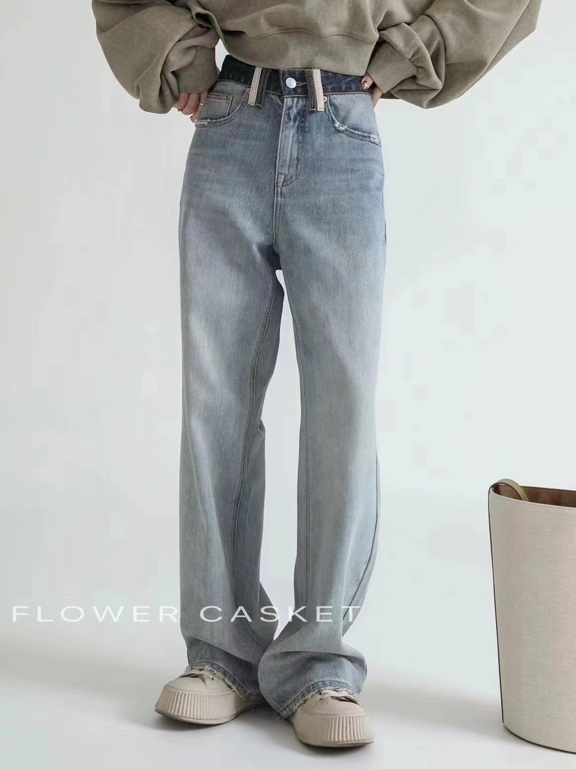 flower花匣子牛仔女2024春寬鬆拖地褲淺灰色闊腿褲84163