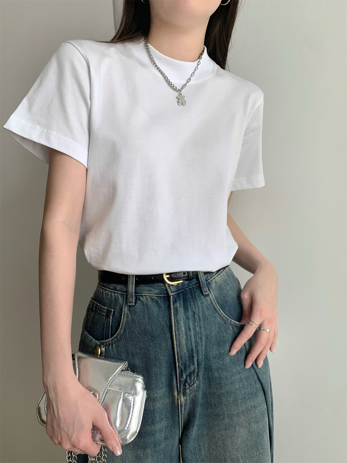 實拍 春夏韓版圓領純色簡約百搭純棉短袖上衣女T恤