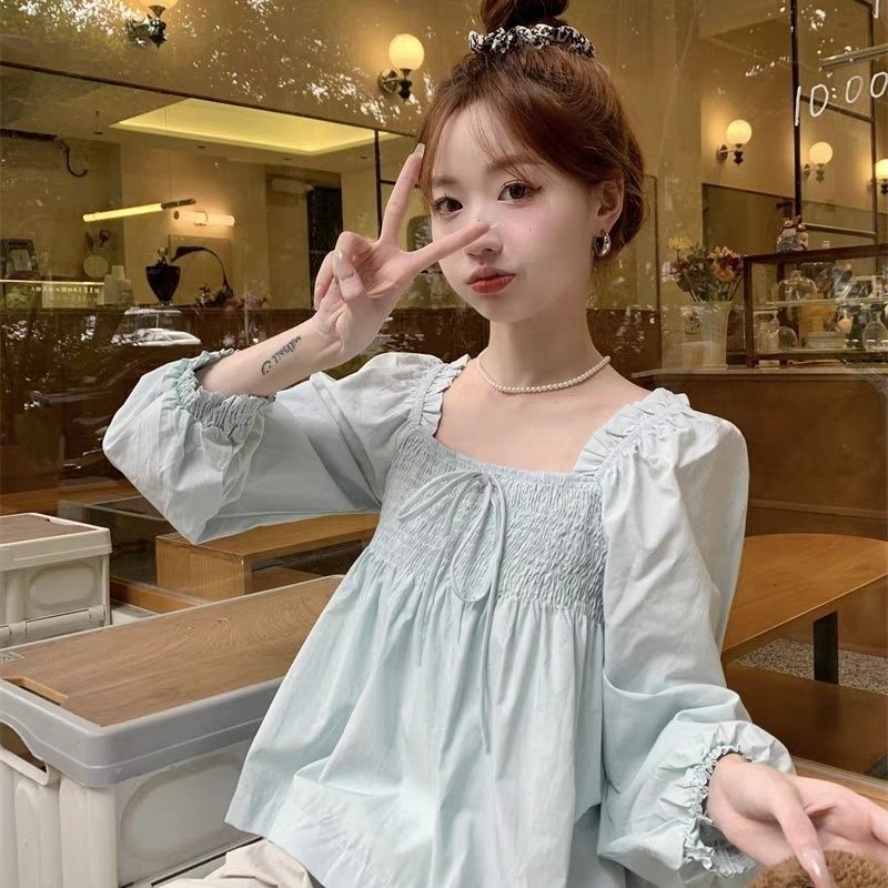 木耳邊方領系帶褶皺襯衫女春裝法式甜美娃娃衫寬鬆短款泡泡袖上衣