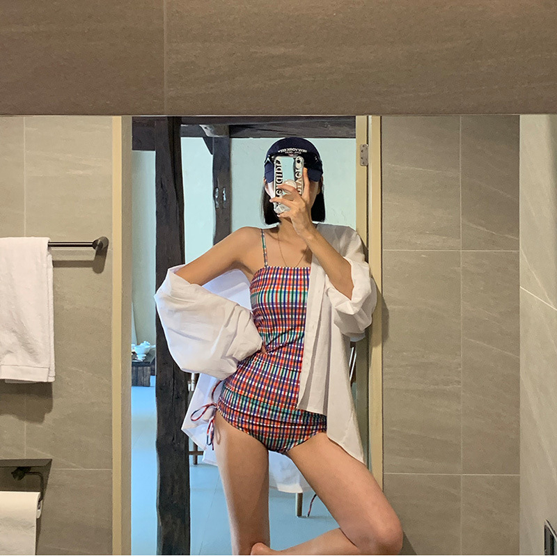 泳衣女ins風性感露背顯瘦時尚條紋抽繩連體保守溫泉泳裝