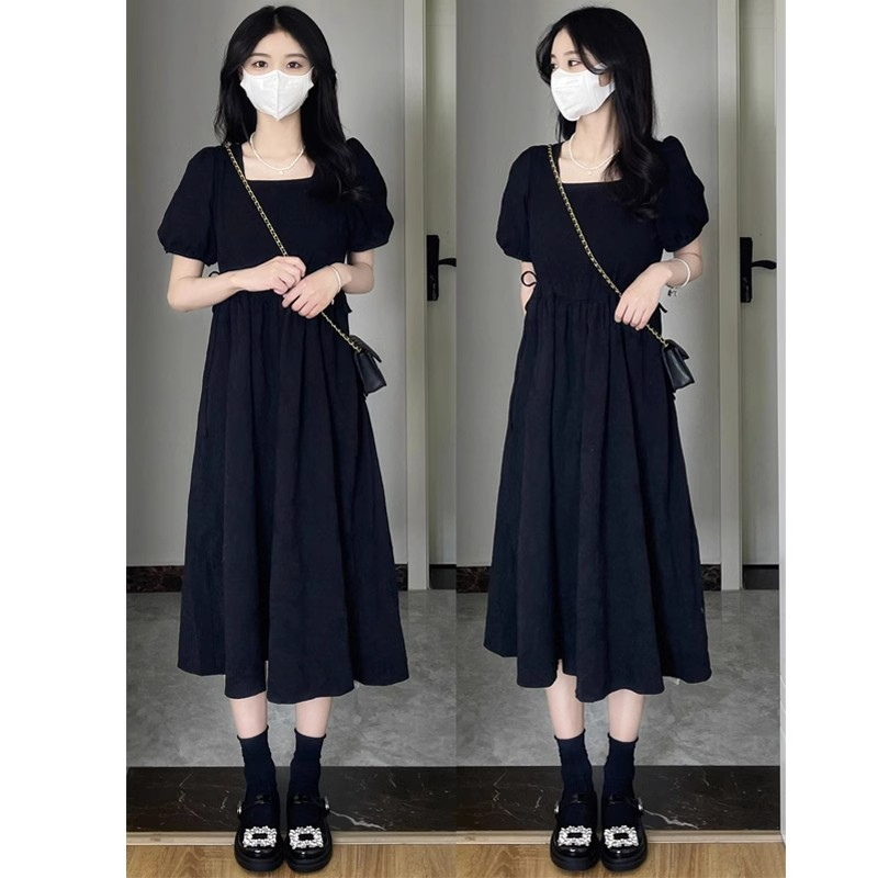 黑色連衣裙女小個子2024新款法式赫本風小黑裙收腰顯瘦長裙子夏季