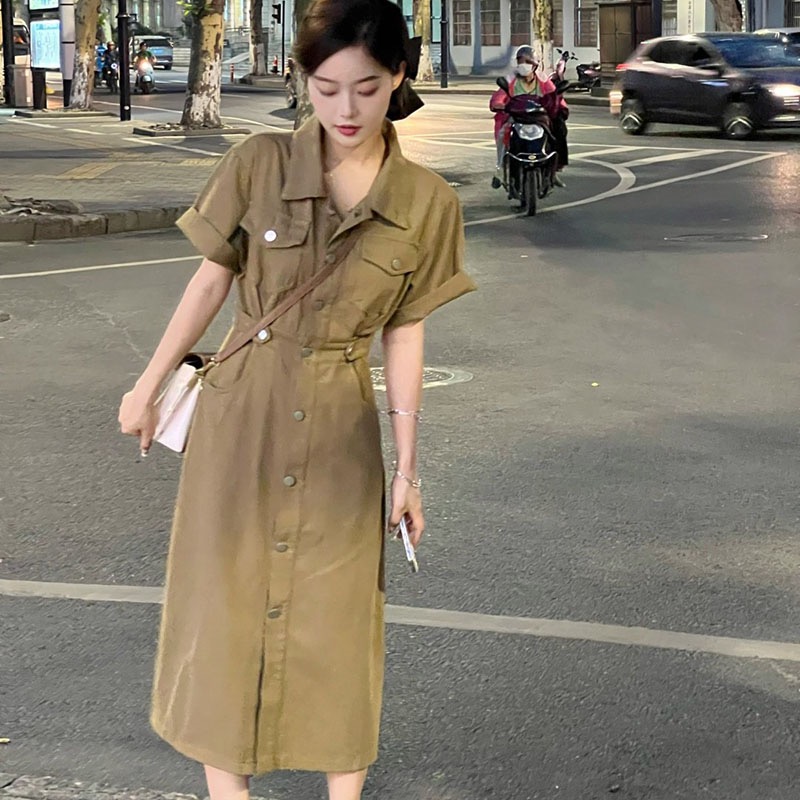 2024年新款早春牛仔連衣裙女夏高級感法式復古氣質polo襯衫長裙子