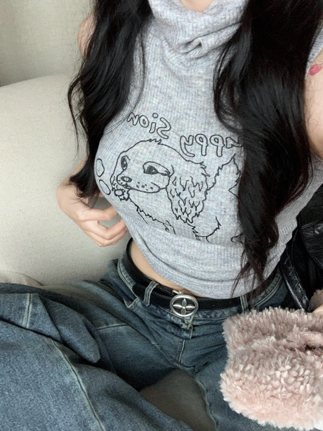 灰色修身無袖小背心女夏季純欲辣妹高領內搭小狗印花緊身上衣外穿