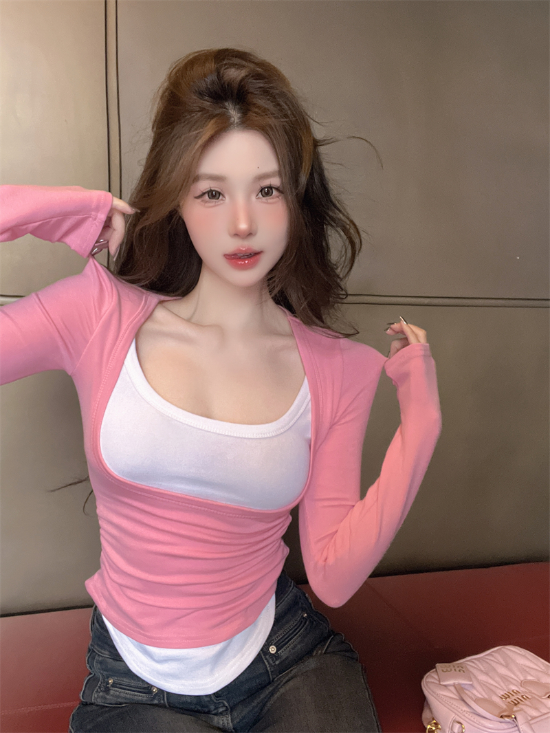 實拍 韓版性感辣妹假兩件撞色u領長袖t恤