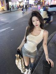 Photographed Hot Girl Shimmering Diamond Letter Tight-Fitting Slimming Versatile Casual Outerwear Backless Top for Women