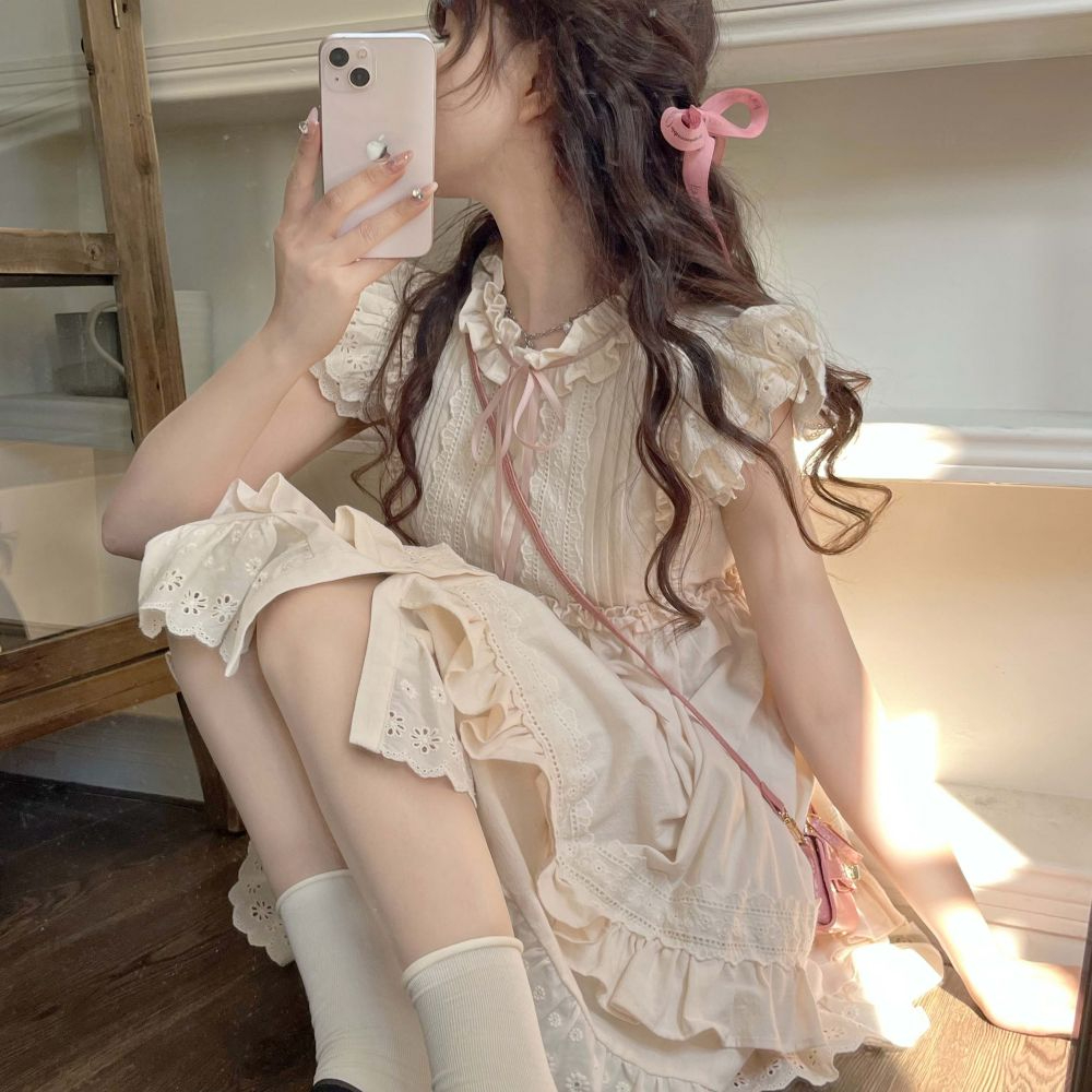 小飛袖連衣裙女夏季新款木耳邊顯瘦裙子網紅小土豆娃娃裙