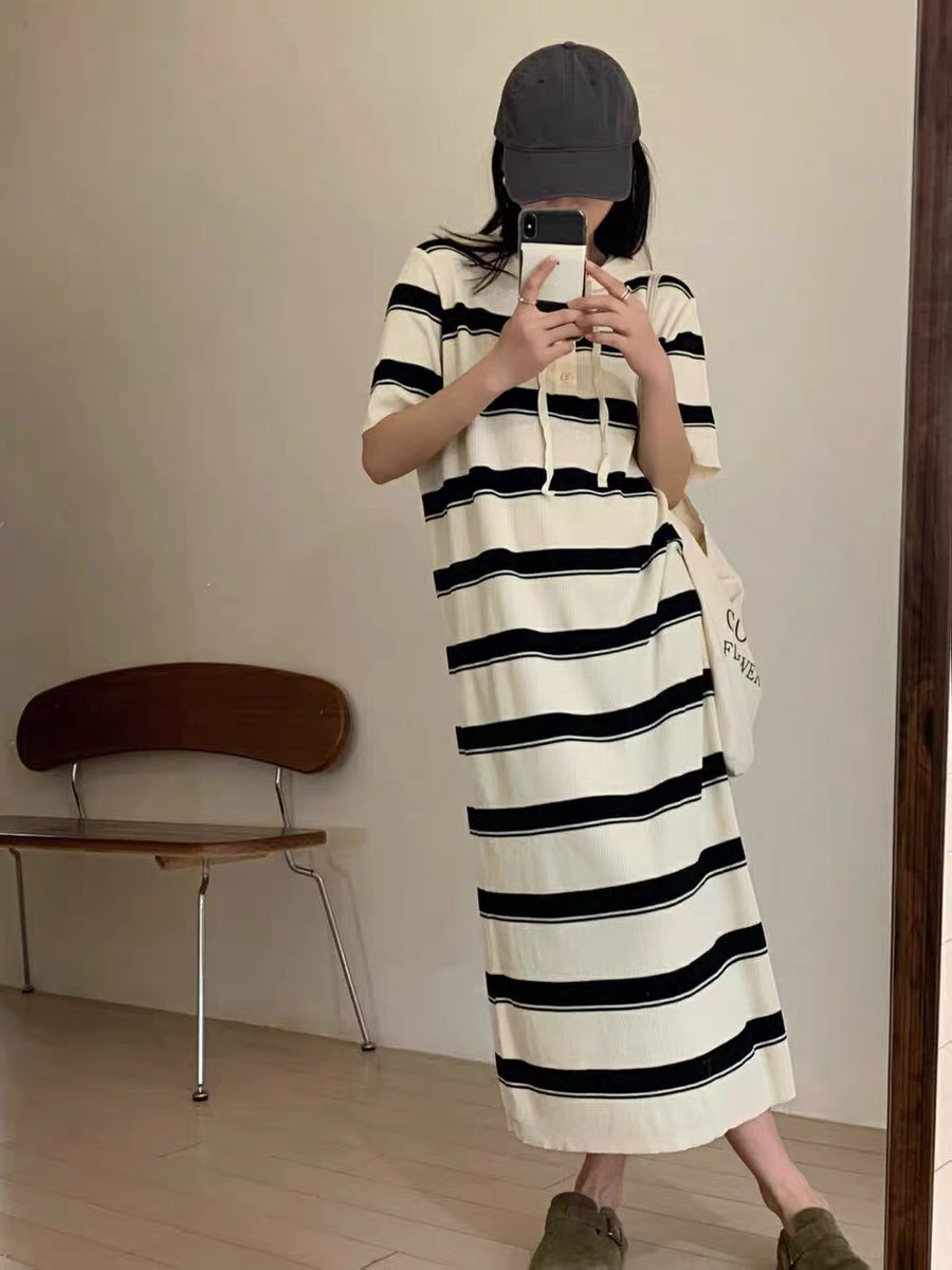 法式連帽針織連衣裙女2024夏新款條紋短袖小個子抽繩顯瘦A字中長