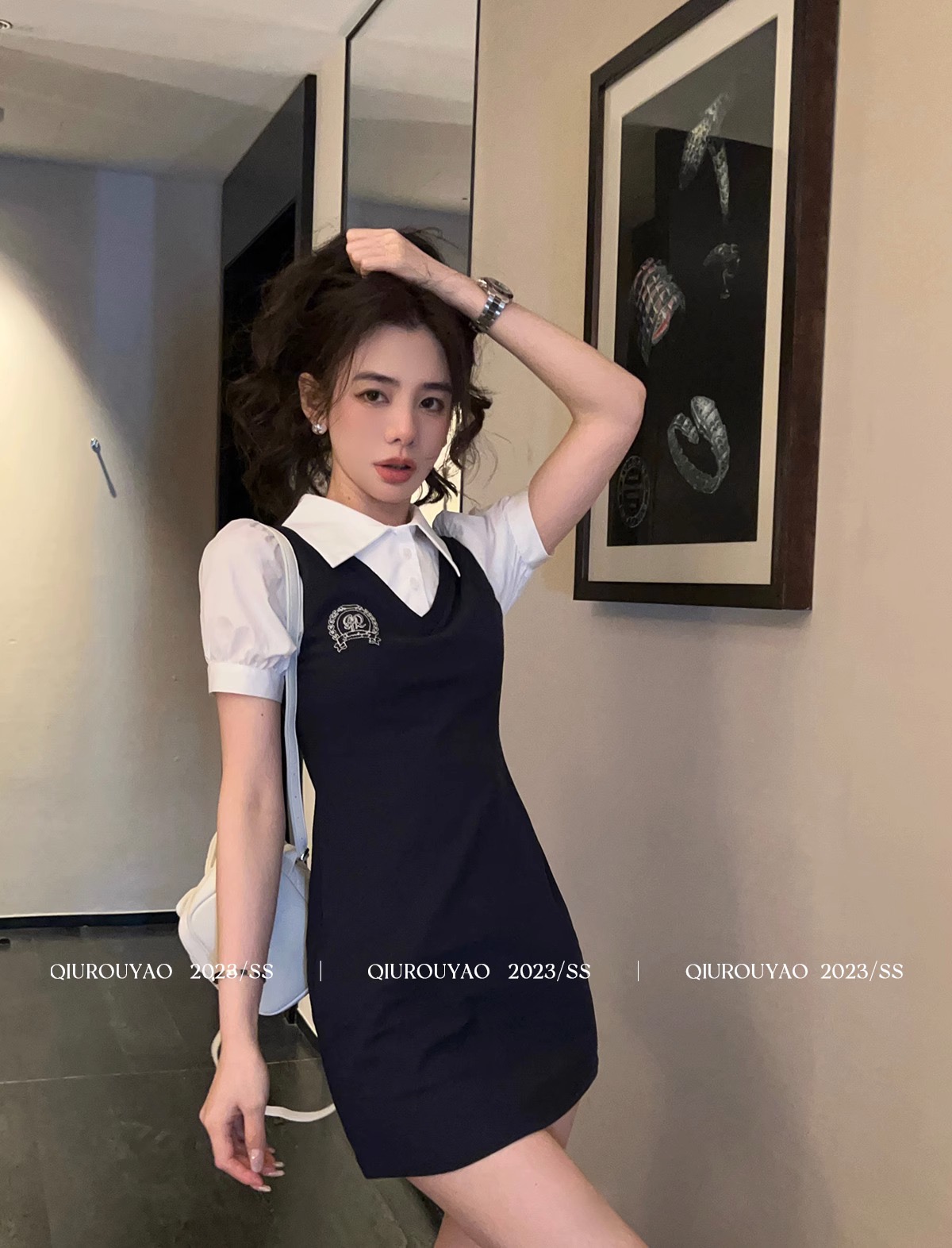 邱肉瑤 夏季新款假兩件polo領連衣裙女學院風泡泡袖顯瘦裙子