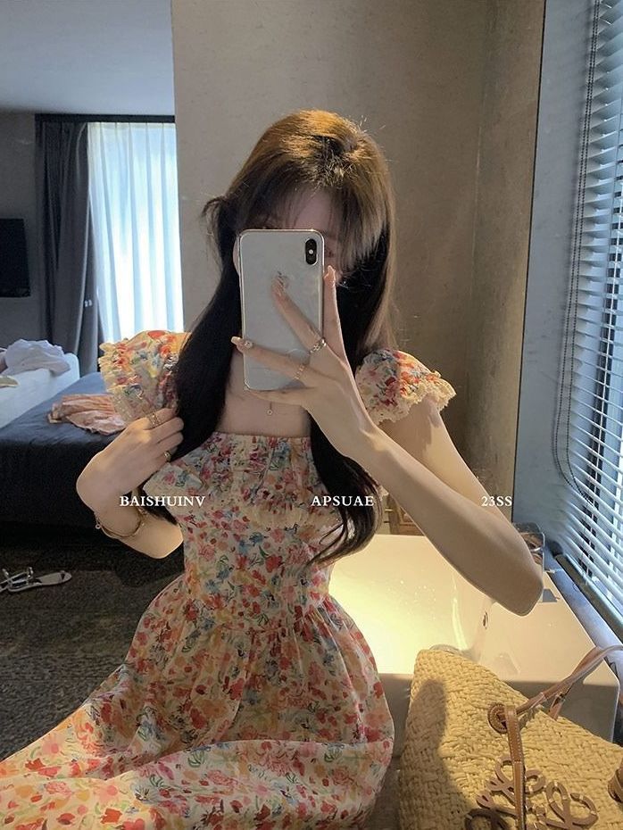 夏季新款水女油畫少女一字肩拼接花邊連衣裙