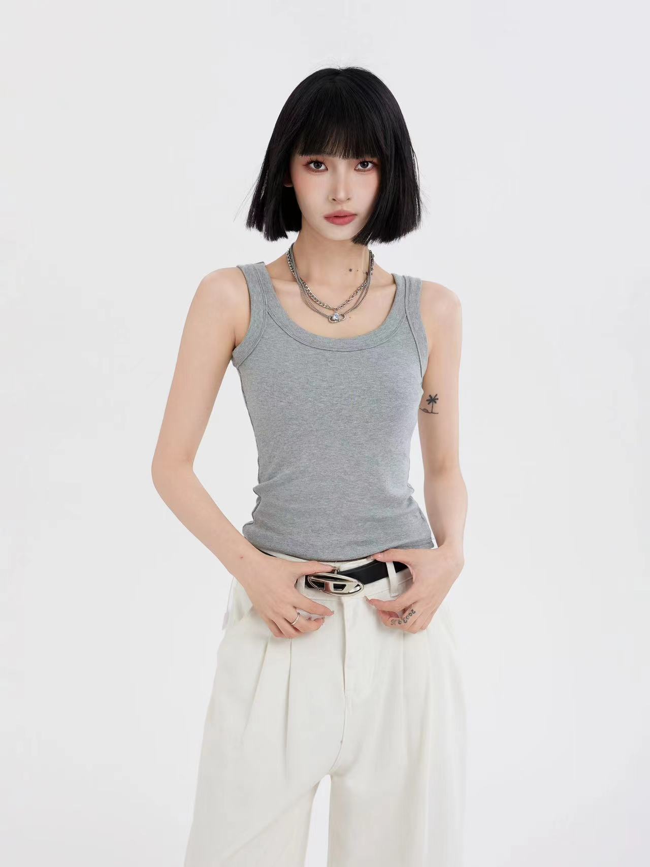 美式灰色工字打底吊帶背心女夏夏季內搭外穿短款運動辣妹無袖上衣