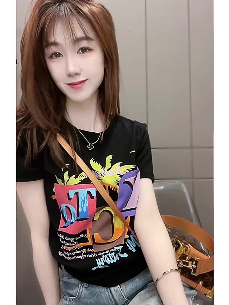 純棉短款美式復古印花短袖T恤女夏季新款少女修身顯瘦上衣