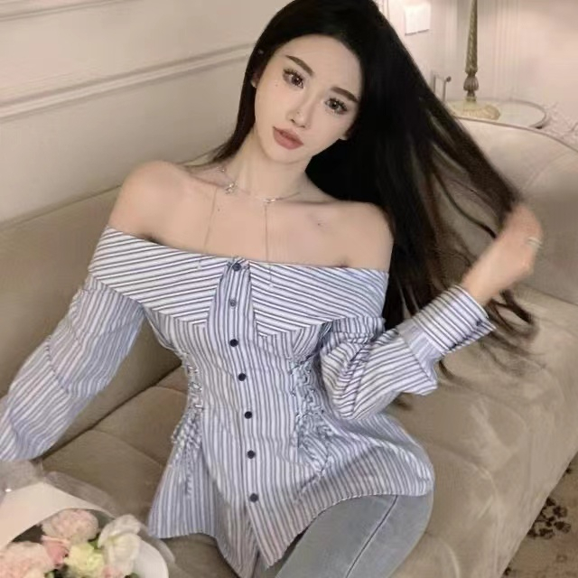 一字領修身收腰上衣女早秋新款性感辣妹條紋襯衫別致系帶長袖T恤