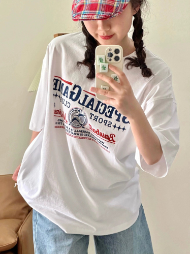 Official picture American retro short-sleeved T-shirt for women summer 2024 new trendy brand baseball letter printed loose top ins