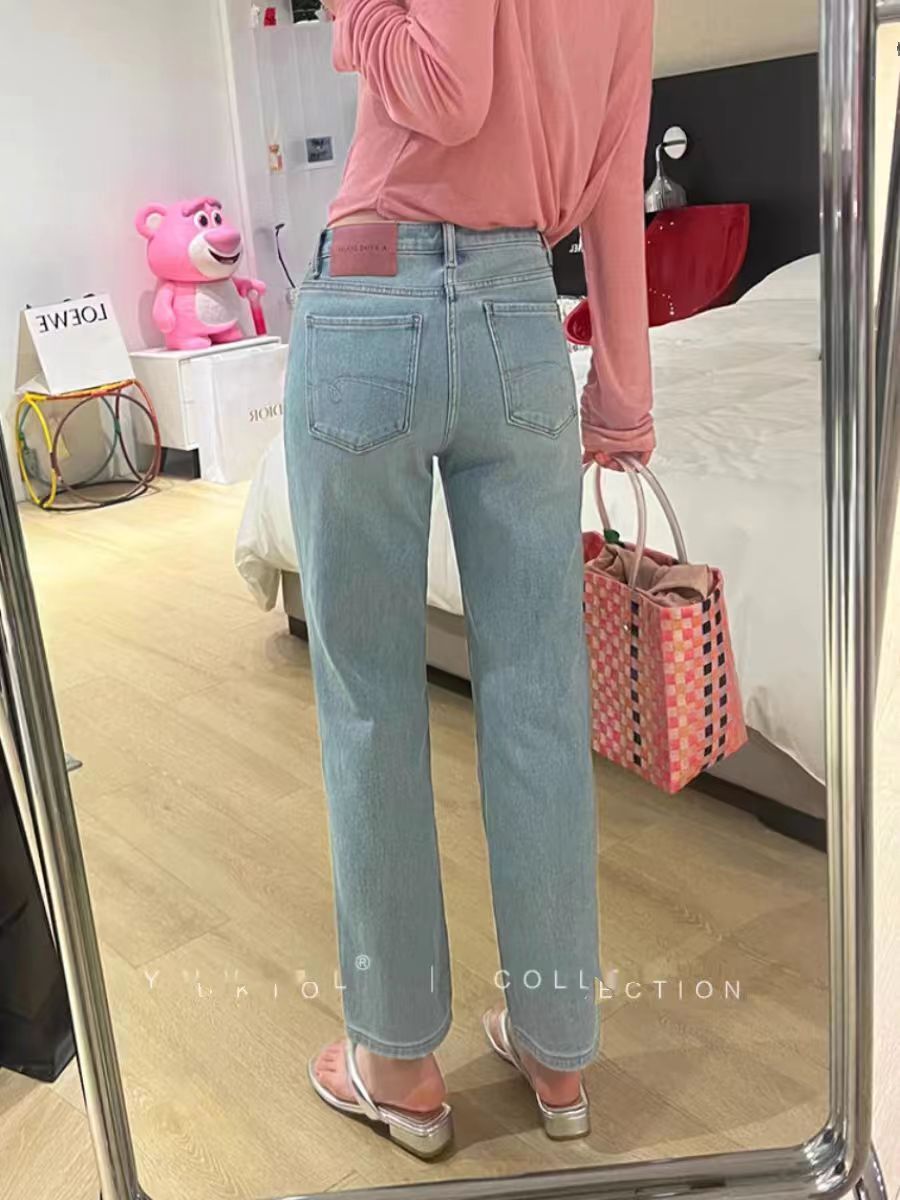 小羽家粉標牛仔褲女2024春款直筒褲彈力高腰淺藍色顯瘦九分煙管褲
