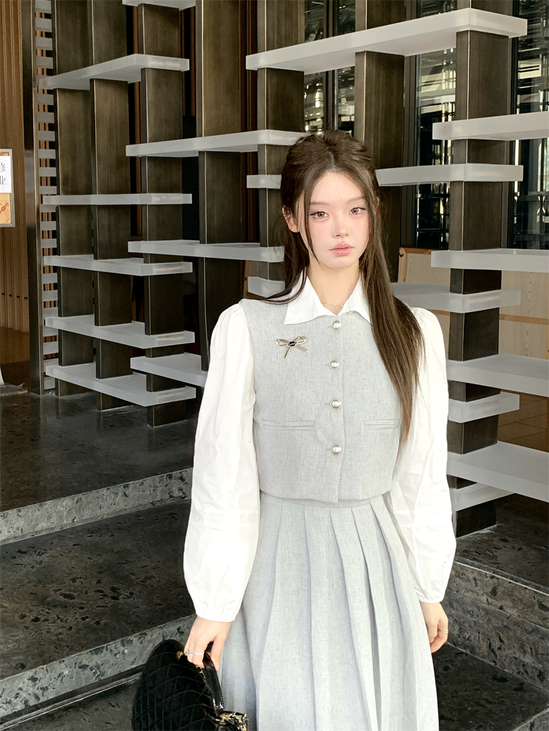 實拍  霧灰河畔 格雷系女孩馬甲高腰半裙套裝