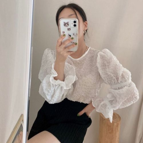 尺寸更新韩国chic春季法式小众仙气泡泡皱褶圆领灯笼袖衬衫上衣女