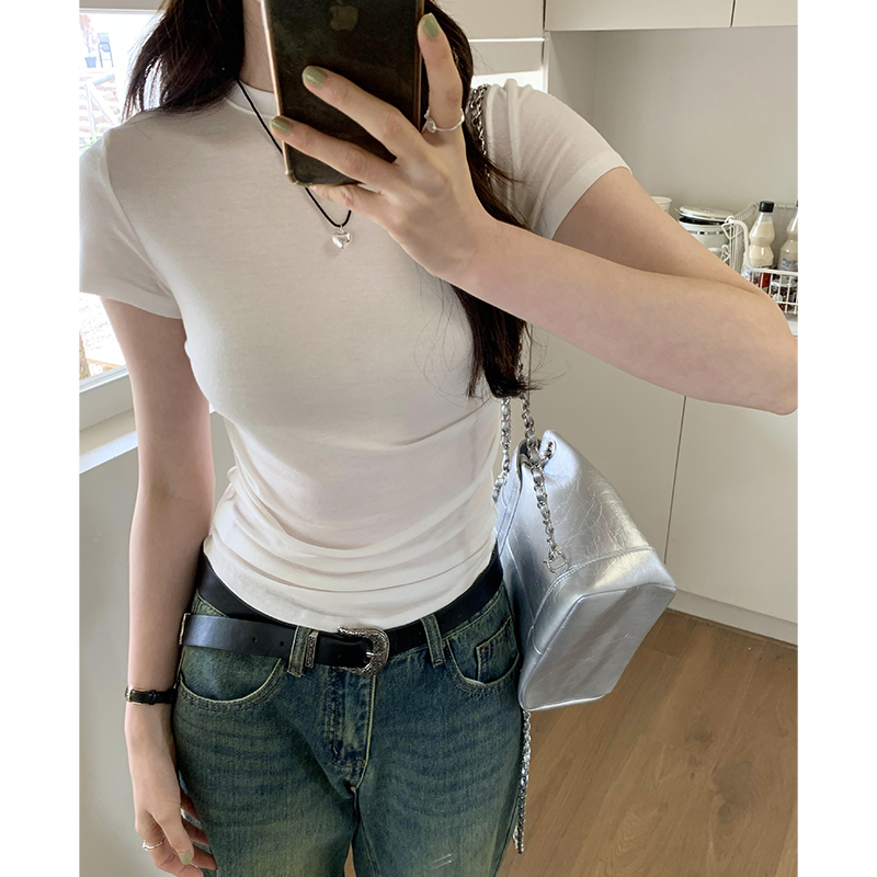 Actual picture of round neck short-sleeved white T-shirt for women 2024 spring new style versatile and stylish pleated waist top