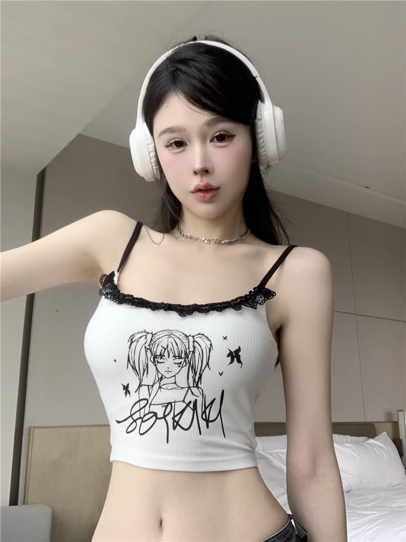2024新款淑女法式甜辣風蕾絲花邊吊帶背心美背上衣緊身型夏季