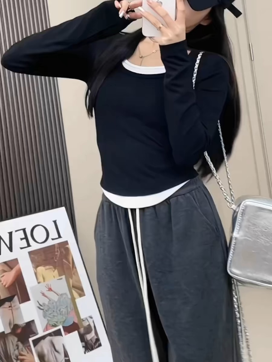 純欲正肩緊身收腰假兩件拼色長袖t恤女2024新款秋季今年流行上衣