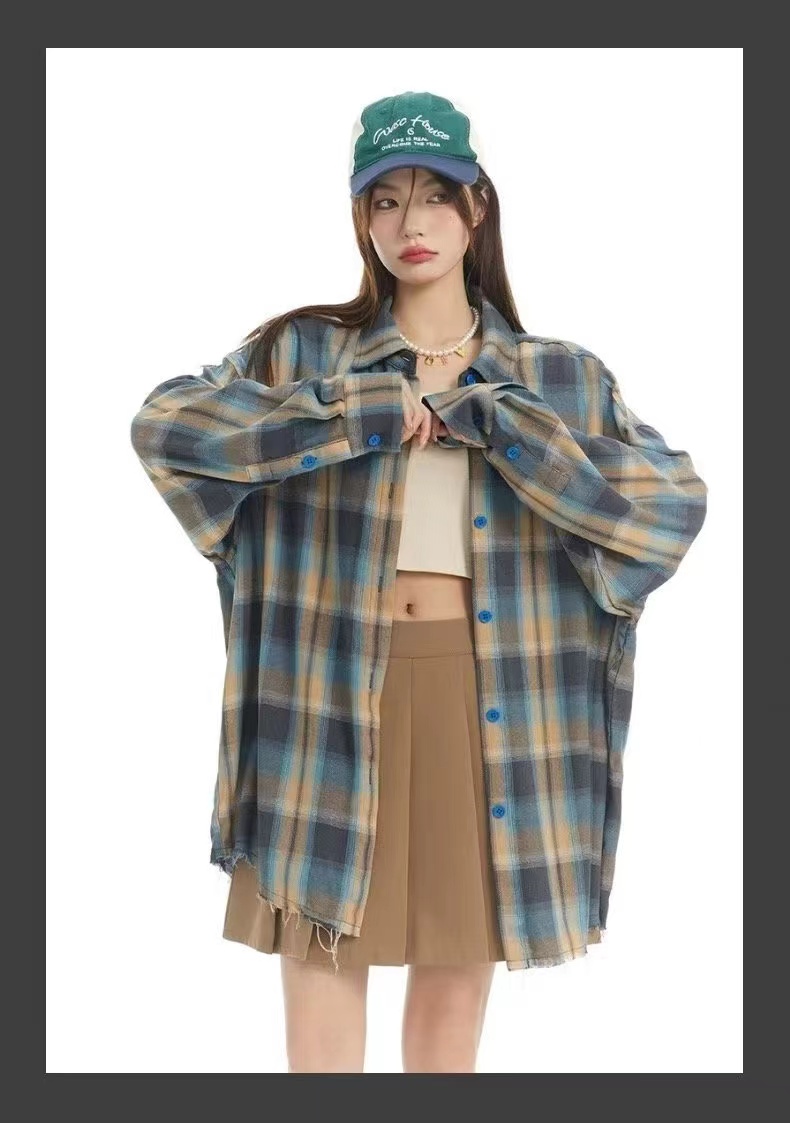 美式復古撞色格子防曬襯衫女夏季小眾高級感別致絕美上衣長袖外套