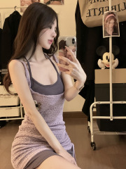 Actual shot~Purple pure desire hollow hip-covering fake two-piece halterneck suspender dress