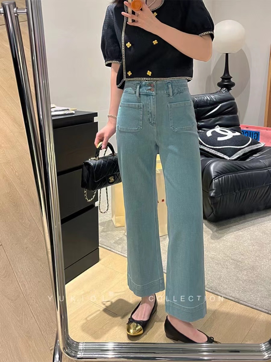 小羽家微喇牛仔褲女2024春季新款喇叭褲復古高腰顯瘦淺藍色九分褲