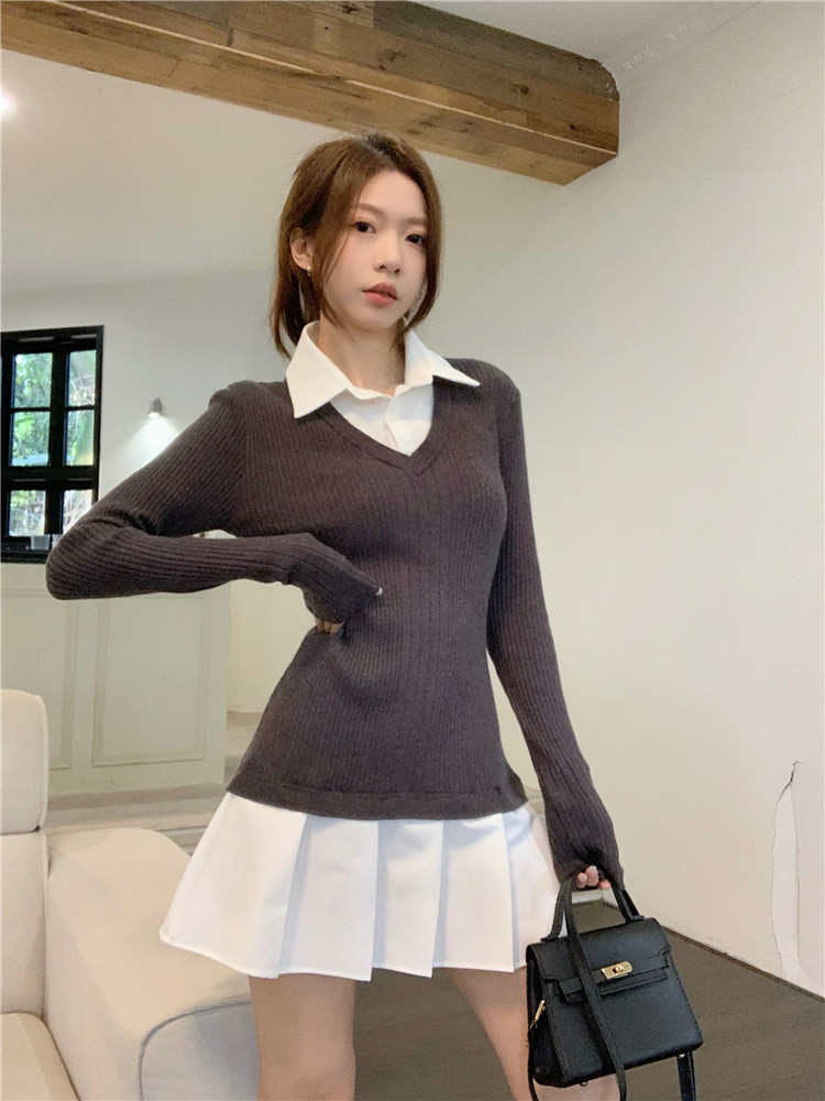 實拍~大碼女裝冷艷學姐 學院假兩件襯衫拼接百褶針織連衣裙女