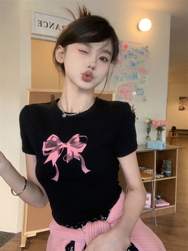 實拍～ 夏季圓領修身百搭顯瘦美式蝴蝶結印花短款短袖T恤女上衣