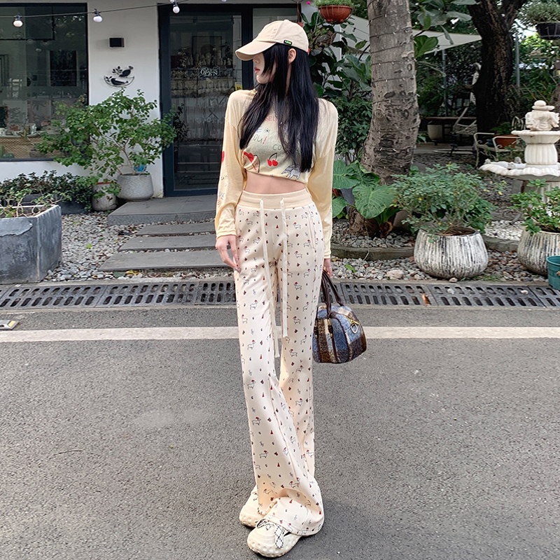 實拍高腰印抽繩微喇叭休閒拖地褲子女