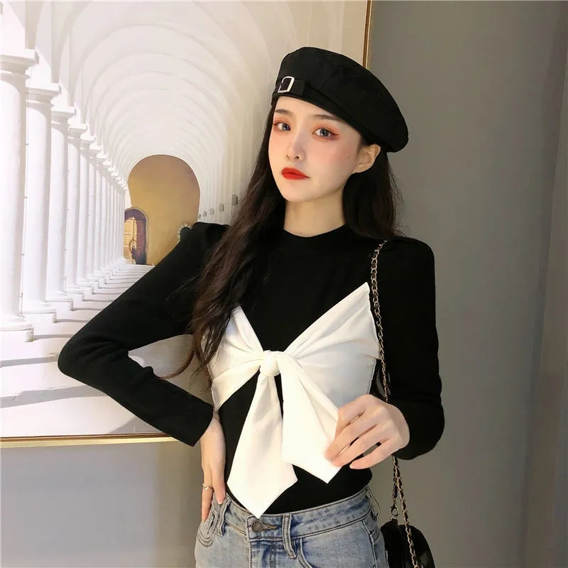 春季新款長袖T恤女蝴蝶結上衣修身加厚打底衫