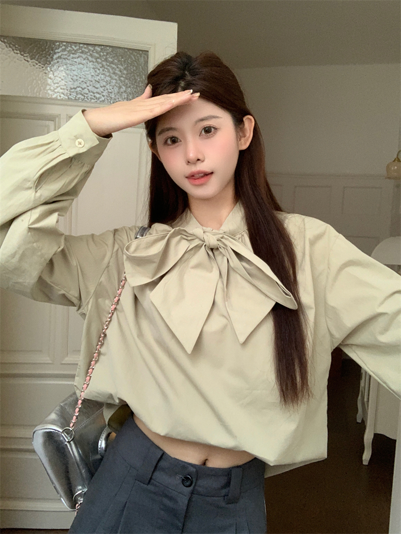 實拍春季韓版法式純色設計感小眾綁帶蝴蝶結長袖百搭襯衫上衣