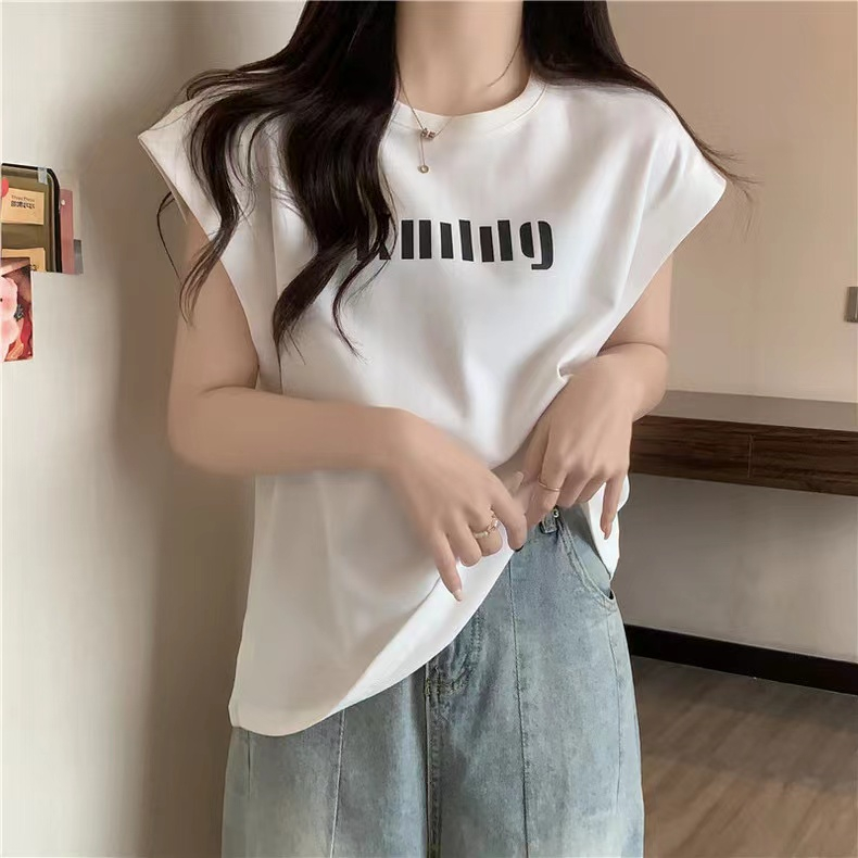 實拍純棉2024夏季韓版寬鬆無袖顯瘦韓版T恤上衣女