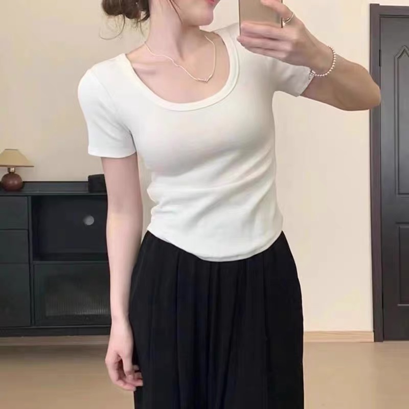 U領正肩短袖T恤女裝夏季新款辣妹修身短款不規則純色打底百搭上衣