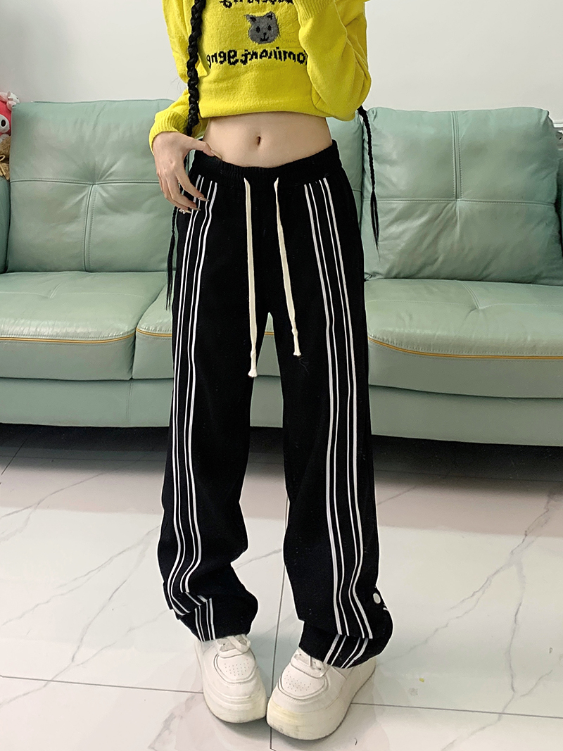 實拍 華棉複合  條紋美式高街垂感直筒運動褲寬鬆闊腿休閒褲