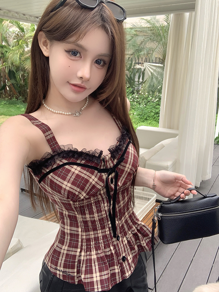 實拍 新款黑色蝴蝶結上衣女修身紅格紋吊帶拼接