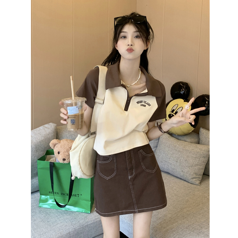 polo衫女夏季2024新款美式復古字母印花撞色修身短款短袖T恤