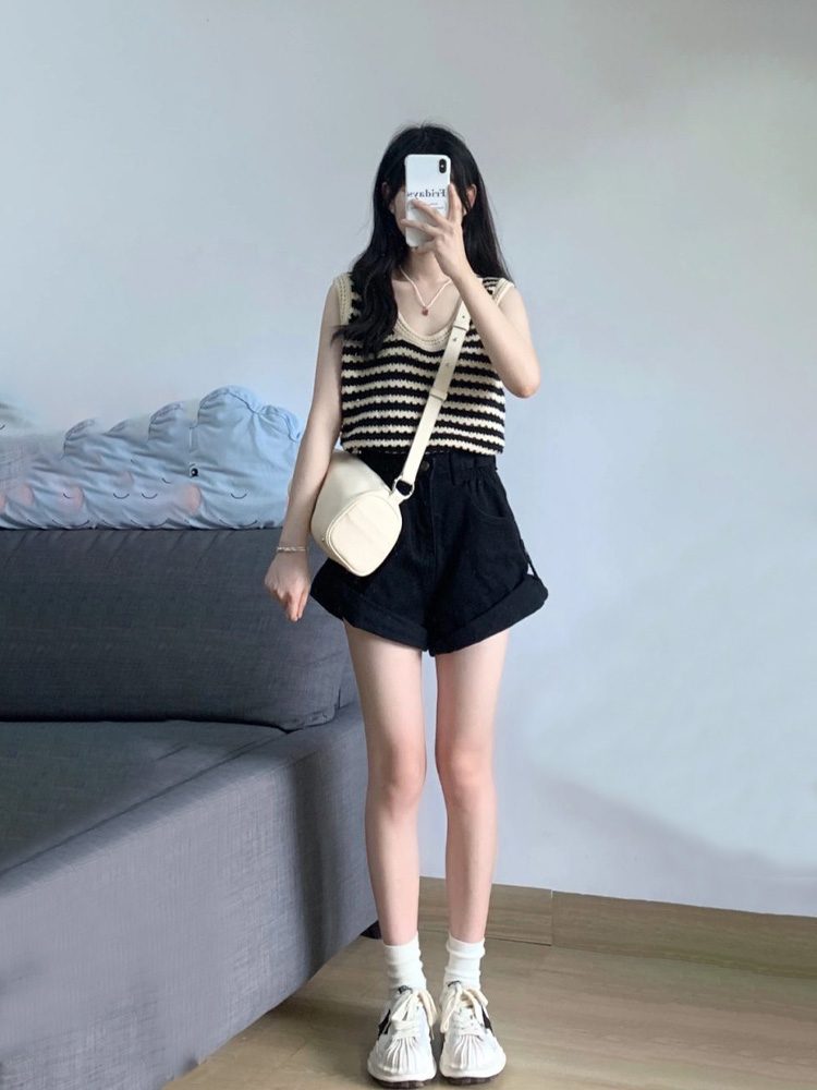 小眾黑白條紋針織背心女夏季寬鬆顯瘦無袖內搭鏤空設計感外穿上衣
