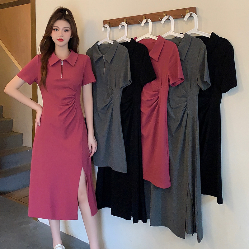 Actual shot of 2024 summer new style fat mm fashion slim casual half-open collar pleated slit dress