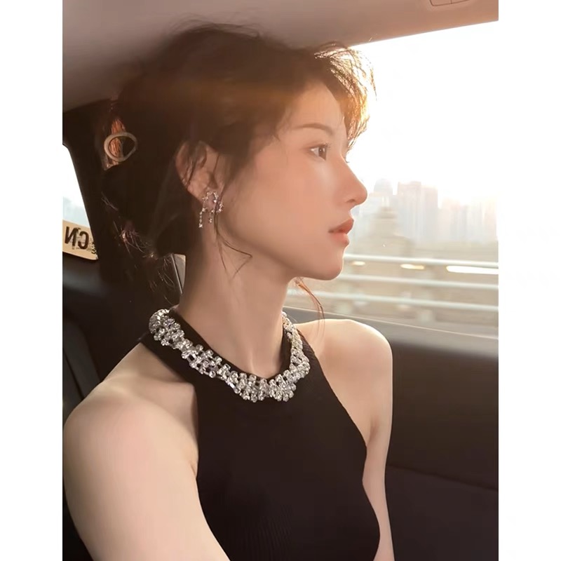 設計感鑽鏈掛脖針織小吊帶背心女夏季外穿ins潮修身純色打底上衣