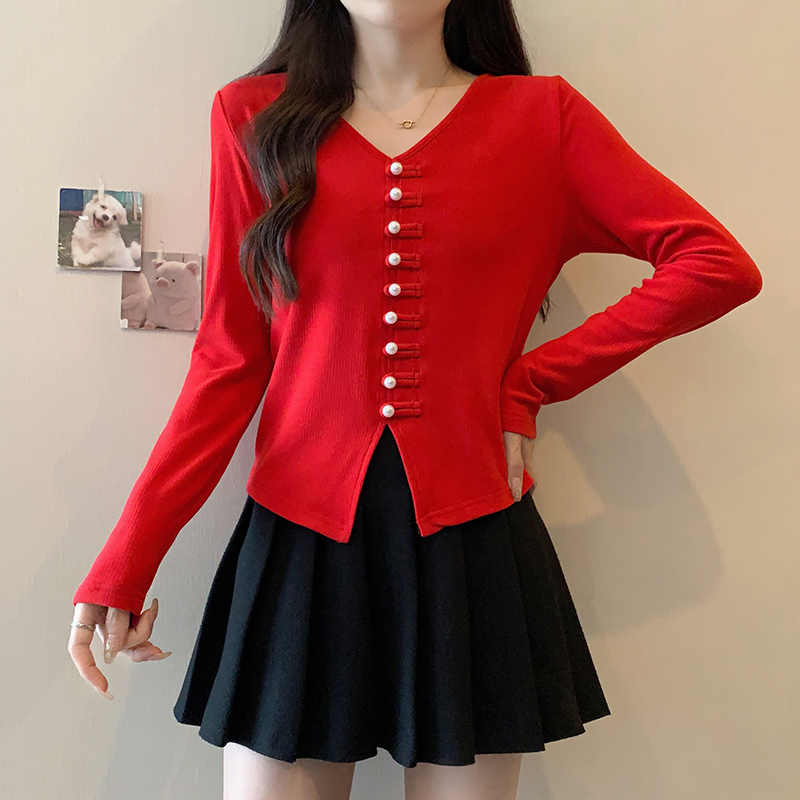 Actual shot of 2024 new summer clothes for fat mm, fashionable and chic new Chinese style slimming v-neck plate button long-sleeved T-shirt tops