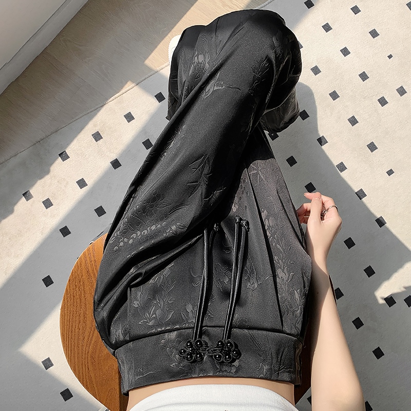 Real shot of new Chinese style national style buckle design black satin 2024 spring and summer new style loose straight wide leg pants for women
