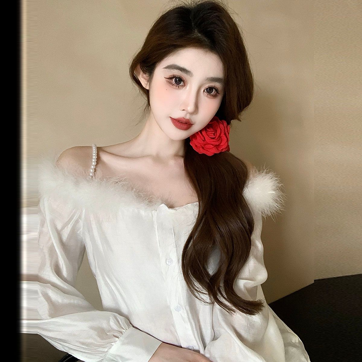 實拍設計感小眾毛毛一字肩甜美襯衫法式洋氣襯衣女
