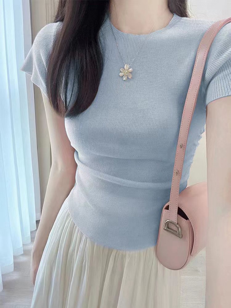 法式冰絲短袖針織衫女修身顯瘦內搭打底衫辣妹短款小個子上衣