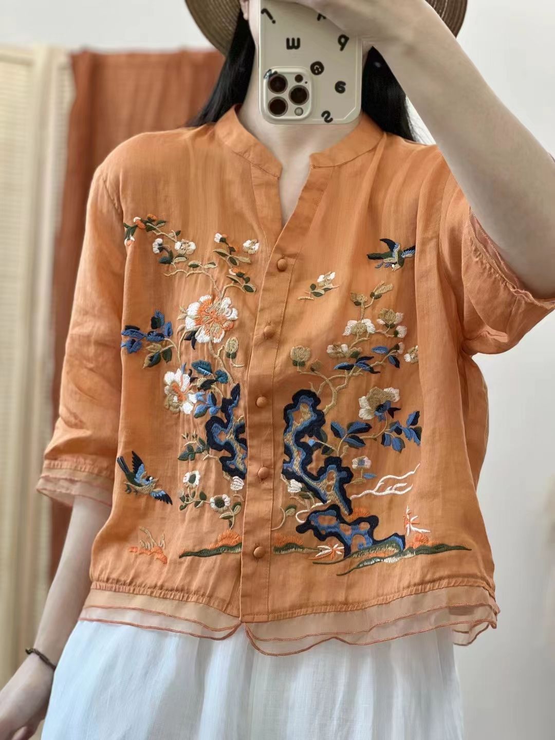 文藝復古刺繡襯衫上衣夏季新款重工繡花包扣高端棉麻襯衣小衫