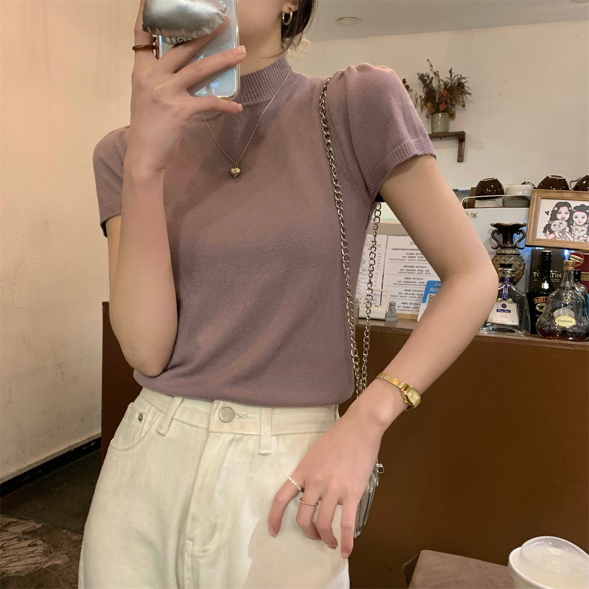 實拍 春夏韓版半高領氣質泡泡袖純色安迪絨針織短袖上衣女