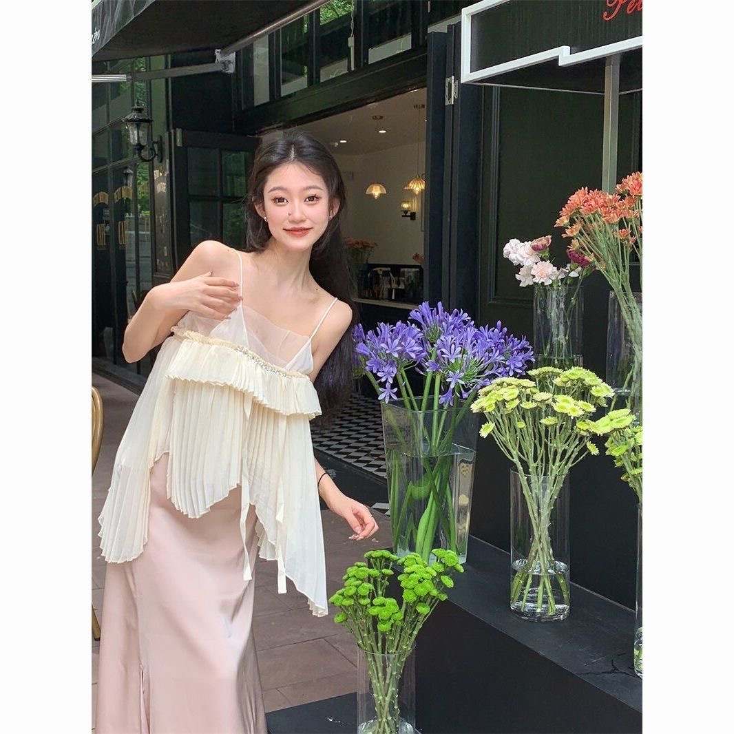 titi小姐姐清甜仙女壓皺設計感不規則荷葉邊網紗拼接吊帶上衣