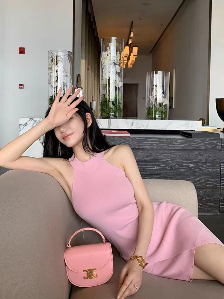 掛脖挖肩不規則斜邊修身短款背心無袖針織連衣裙女夏小個子裙子潮