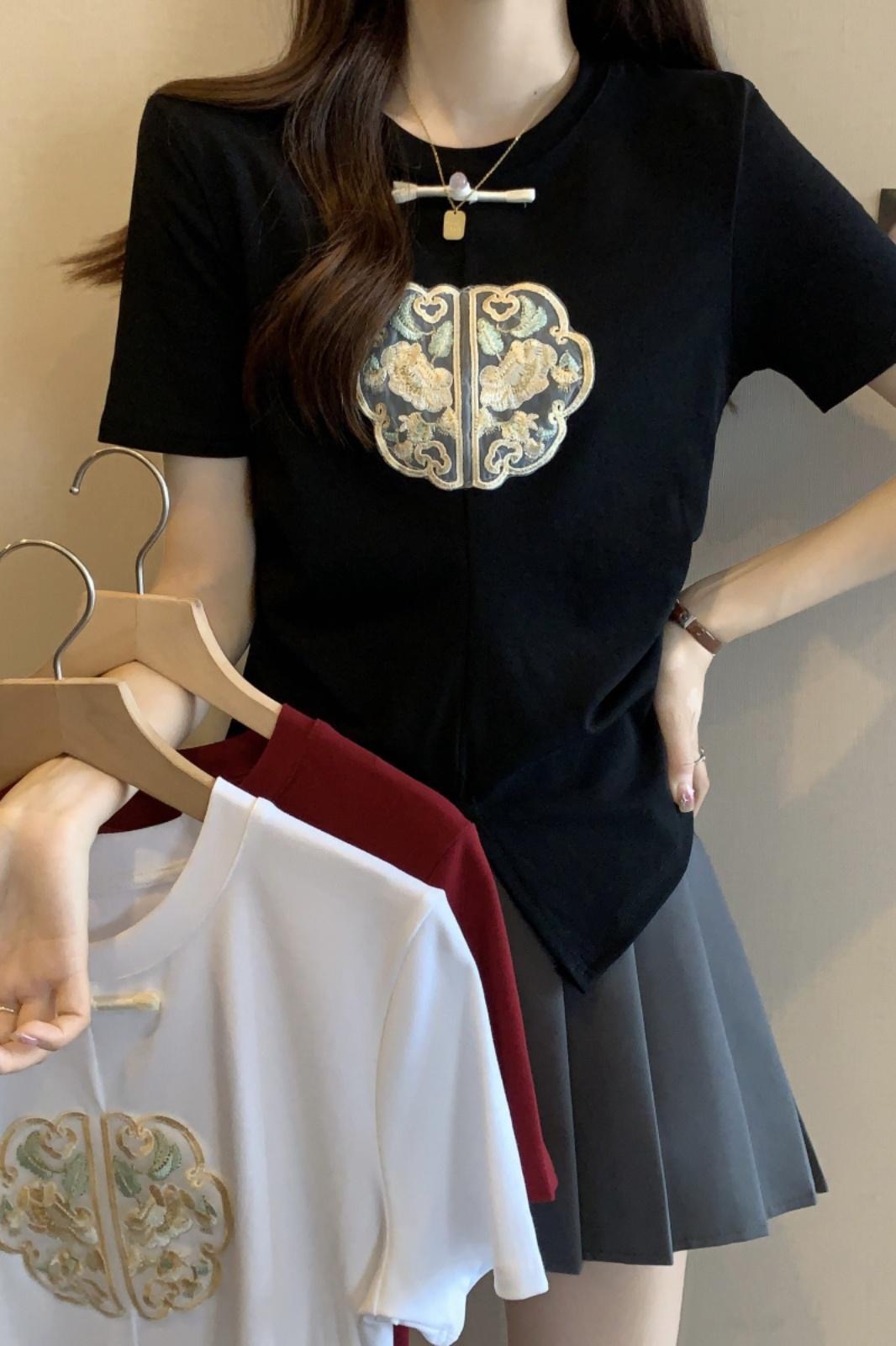 夏季國風復古新中式遮肚女裝短袖T恤大碼女裝圓領套頭氣質感上衣