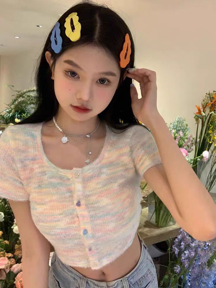 韓系甜美彩虹條紋短袖針織衫女夏季設計感修身顯瘦小個子短款上衣